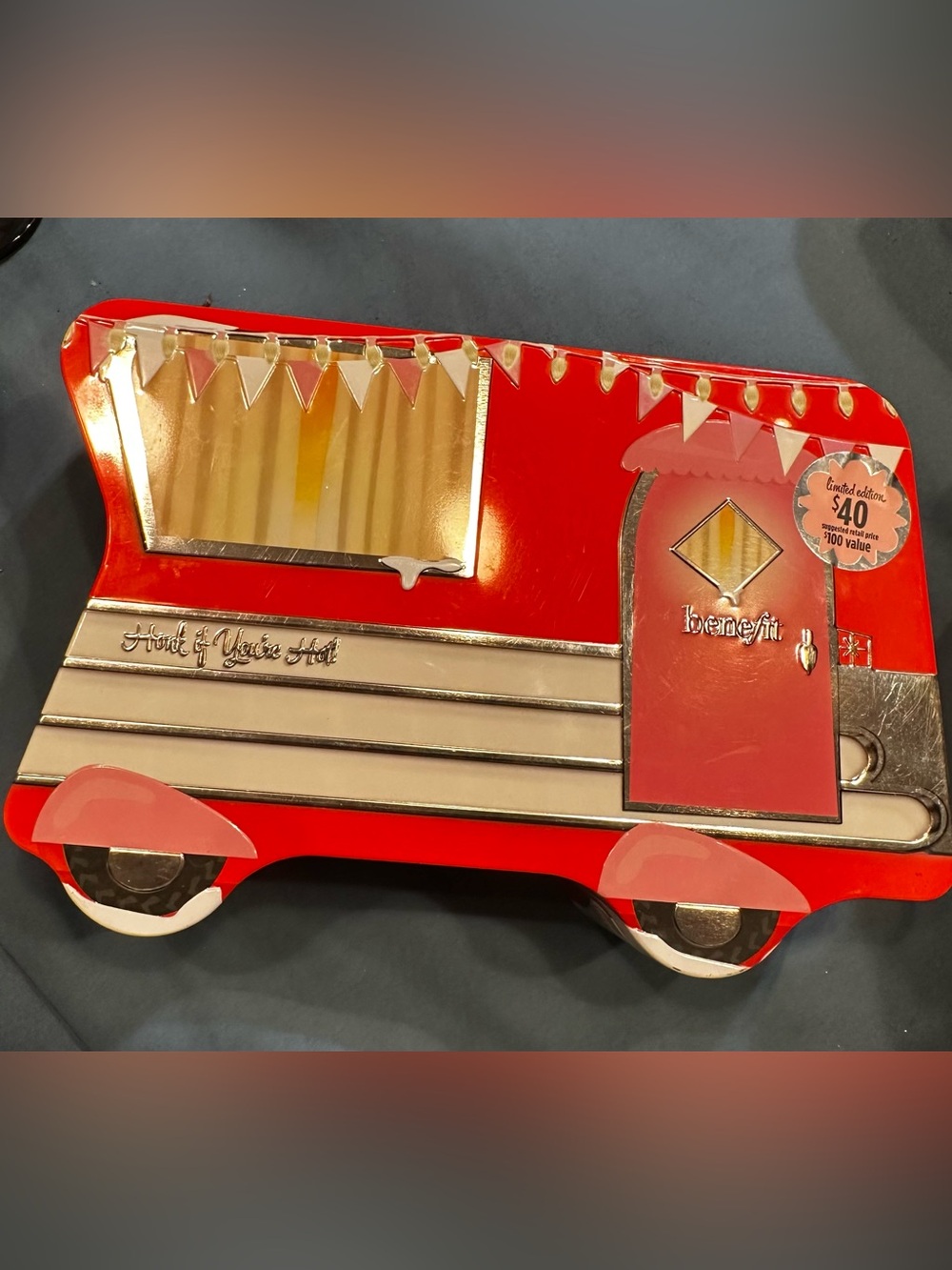 Benefit Red and Gold Food Truck Party Tin Favor empty tin container